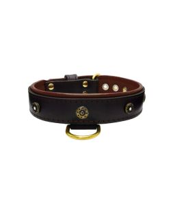 Flower-shaped motif with rhinestones and carved round shield with leather inlay - KD01059/65/40/BK/08