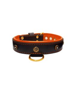 Flower-shaped motif with rhinestones and carved round shield with leather inlay - KD01059/65/40/BK/11