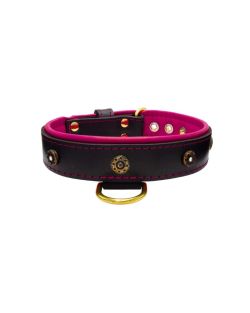 Flower-shaped motif with rhinestones and carved round shield with leather inlay - KD01059/65/40/BK/13