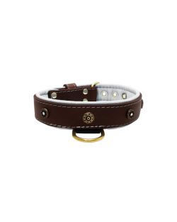 Flower-shaped motif with rhinestones and carved round shield with leather inlay - KD01059/65/40/BR/02