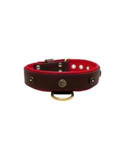 Flower-shaped motif with rhinestones and carved round shield with leather inlay - KD01059/65/40/BR/04