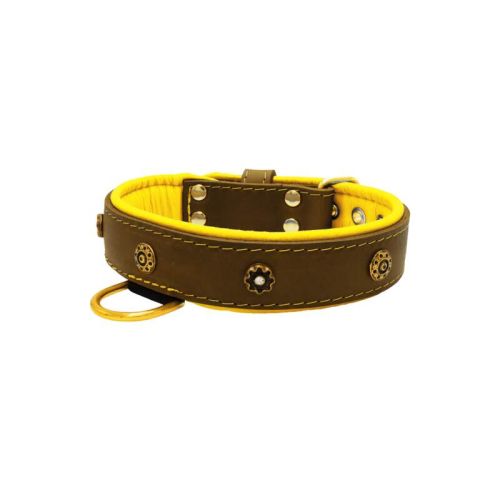 Flower-shaped motif with rhinestones and carved round shield with leather inlay – KD01059/65/40/BR/06