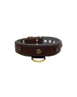 Flower-shaped motif with rhinestones and carved round shield with leather inlay - KD01059/70/40/BR/12