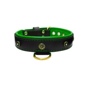 Flower-shaped motif with rhinestones and carved round shield with leather inlay – KD01059/75/40/BK/05