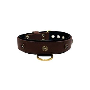 Flower-shaped motif with rhinestones and carved round shield with leather inlay – KD01059/75/40/BR/01