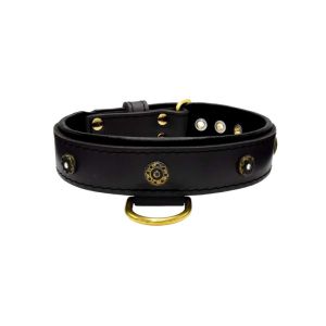 Flower-shaped motif with rhinestones and carved round shield with leather inlay – KD01059/80/40/BK/01