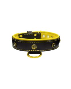 Flower-shaped motif with rhinestones and carved round shield with leather inlay - KD01059/80/40/BK/06