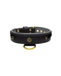 Flower-shaped motif with rhinestones and carved round shield with leather inlay - KD01059/80/40/BK/12