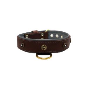 Flower-shaped motif with rhinestones and carved round shield with leather inlay – KD01059/80/40/BR/12
