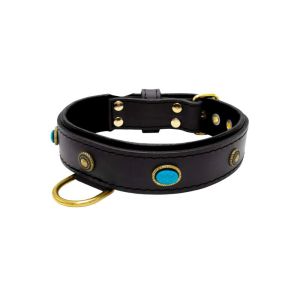 Oval blue gemstone and round carved stones in bronze finish with leather inlay – KD01060/65/40/BK/01