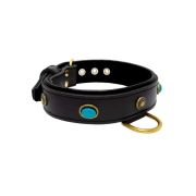 Oval blue gemstone and round carved stones in bronze finish with leather inlay – KD01060/65/40/BK/01