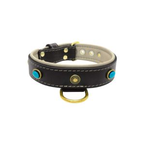Oval blue gemstone and round carved stones in bronze finish with leather inlay – KD01060/65/40/BK/09