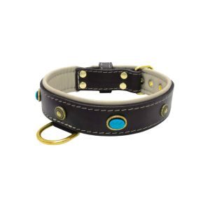 Oval blue gemstone and round carved stones in bronze finish with leather inlay – KD01060/65/40/BK/09