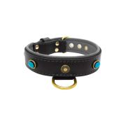 Oval blue gemstone and round carved stones in bronze finish with leather inlay – KD01060/65/40/BK/12