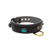 Oval blue gemstone and round carved stones in bronze finish with leather inlay – KD01060/65/40/BK/12