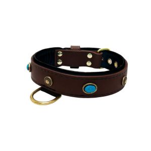 Oval blue gemstone and round carved stones in bronze finish with leather inlay – KD01060/65/40/BR/01