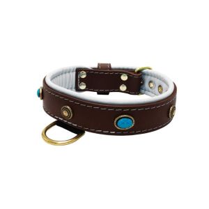Oval blue gemstone and round carved stones in bronze finish with leather inlay – KD01060/65/40/BR/02