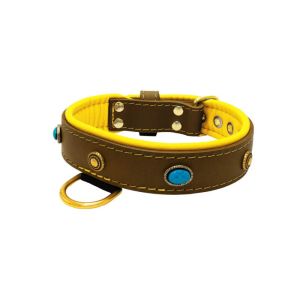 Oval blue gemstone and round carved stones in bronze finish with leather inlay – KD01060/65/40/BR/06