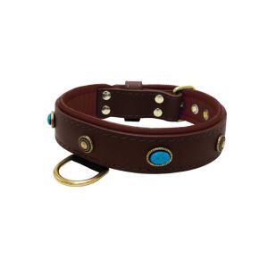 Oval blue gemstone and round carved stones in bronze finish with leather inlay – KD01060/65/40/BR/08
