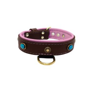 Oval blue gemstone and round carved stones in bronze finish with leather inlay – KD01060/65/40/BR/10