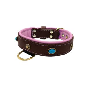 Oval blue gemstone and round carved stones in bronze finish with leather inlay – KD01060/65/40/BR/10