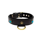 Oval blue gemstone and round carved stones in bronze finish with leather inlay – KD01060/70/40/BK/01