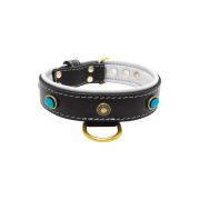 Oval blue gemstone and round carved stones in bronze finish with leather inlay – KD01060/70/40/BK/02
