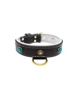 Oval blue gemstone and round carved stones in bronze finish with leather inlay - KD01060/70/40/BK/02