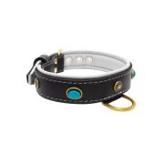 Oval blue gemstone and round carved stones in bronze finish with leather inlay – KD01060/70/40/BK/02