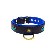 Oval blue gemstone and round carved stones in bronze finish with leather inlay – KD01060/70/40/BK/03