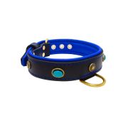 Oval blue gemstone and round carved stones in bronze finish with leather inlay – KD01060/70/40/BK/03