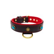 Oval blue gemstone and round carved stones in bronze finish with leather inlay – KD01060/70/40/BK/04