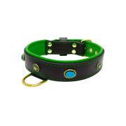 Oval blue gemstone and round carved stones in bronze finish with leather inlay – KD01060/70/40/BK/05