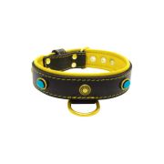 Oval blue gemstone and round carved stones in bronze finish with leather inlay – KD01060/70/40/BK/06