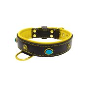 Oval blue gemstone and round carved stones in bronze finish with leather inlay – KD01060/70/40/BK/06