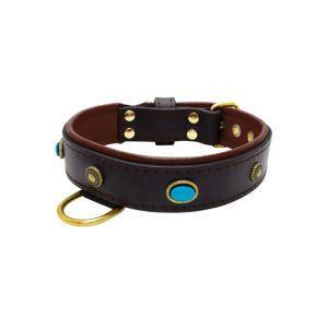 Oval blue gemstone and round carved stones in bronze finish with leather inlay – KD01060/70/40/BK/08