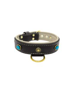 Oval blue gemstone and round carved stones in bronze finish with leather inlay - KD01060/70/40/BK/09