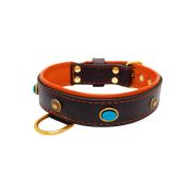 Oval blue gemstone and round carved stones in bronze finish with leather inlay – KD01060/70/40/BK/11