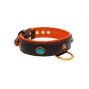 Oval blue gemstone and round carved stones in bronze finish with leather inlay – KD01060/70/40/BK/11
