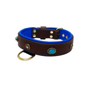 Oval blue gemstone and round carved stones in bronze finish with leather inlay – KD01060/70/40/BR/03