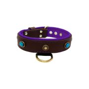 Oval blue gemstone and round carved stones in bronze finish with leather inlay – KD01060/70/40/BR/07