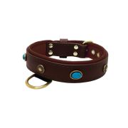 Oval blue gemstone and round carved stones in bronze finish with leather inlay – KD01060/70/40/BR/08