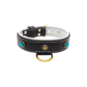 Oval blue gemstone and round carved stones in bronze finish with leather inlay – KD01060/75/40/BK/02