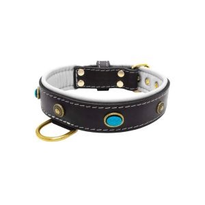 Oval blue gemstone and round carved stones in bronze finish with leather inlay – KD01060/75/40/BK/02