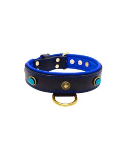 Oval blue gemstone and round carved stones in bronze finish with leather inlay - KD01060/75/40/BK/03