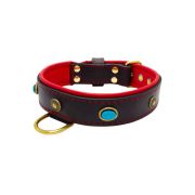Oval blue gemstone and round carved stones in bronze finish with leather inlay – KD01060/75/40/BK/04