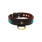 Oval blue gemstone and round carved stones in bronze finish with leather inlay – KD01060/75/40/BK/08