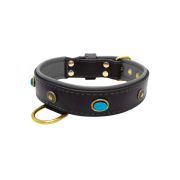 Oval blue gemstone and round carved stones in bronze finish with leather inlay – KD01060/75/40/BK/12