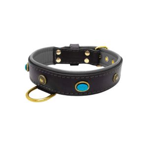 Oval blue gemstone and round carved stones in bronze finish with leather inlay – KD01060/75/40/BK/12