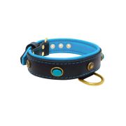 Oval blue gemstone and round carved stones in bronze finish with leather inlay – KD01060/75/40/BK/14
